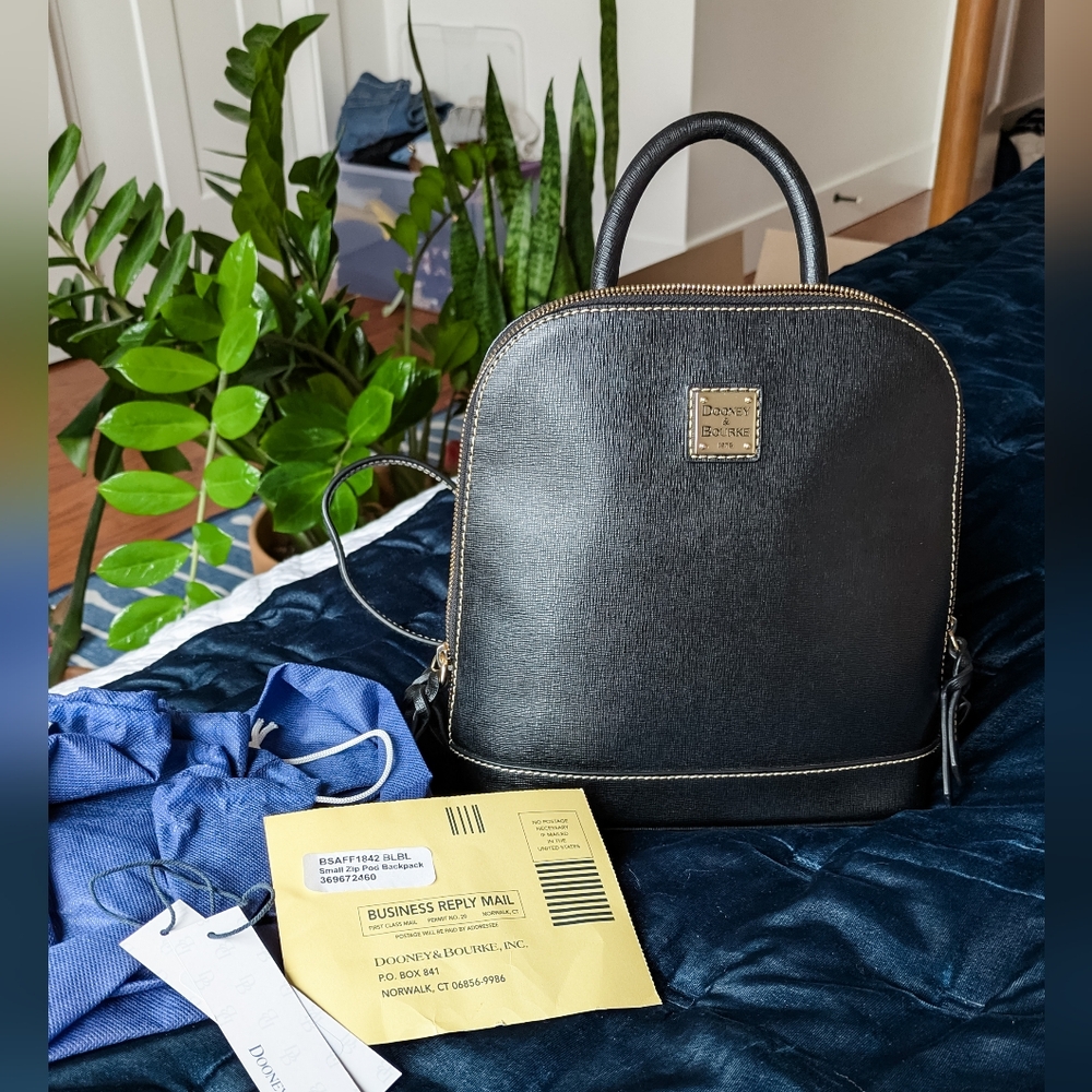 EUC Dooney & Bourke Small Zip Pod Backpack, Black Saffiano Leather